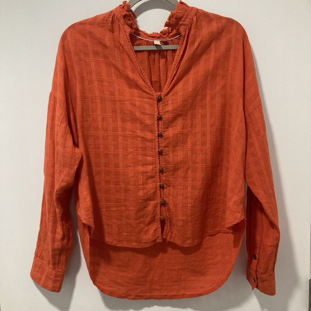 Pilcro Anthropologie Tavi Ruffled Top Cotton Gauze Button Shirt Orange Small